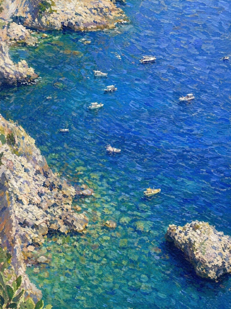 Boats over turquoise water β impressionist painting of Capri, Italy
