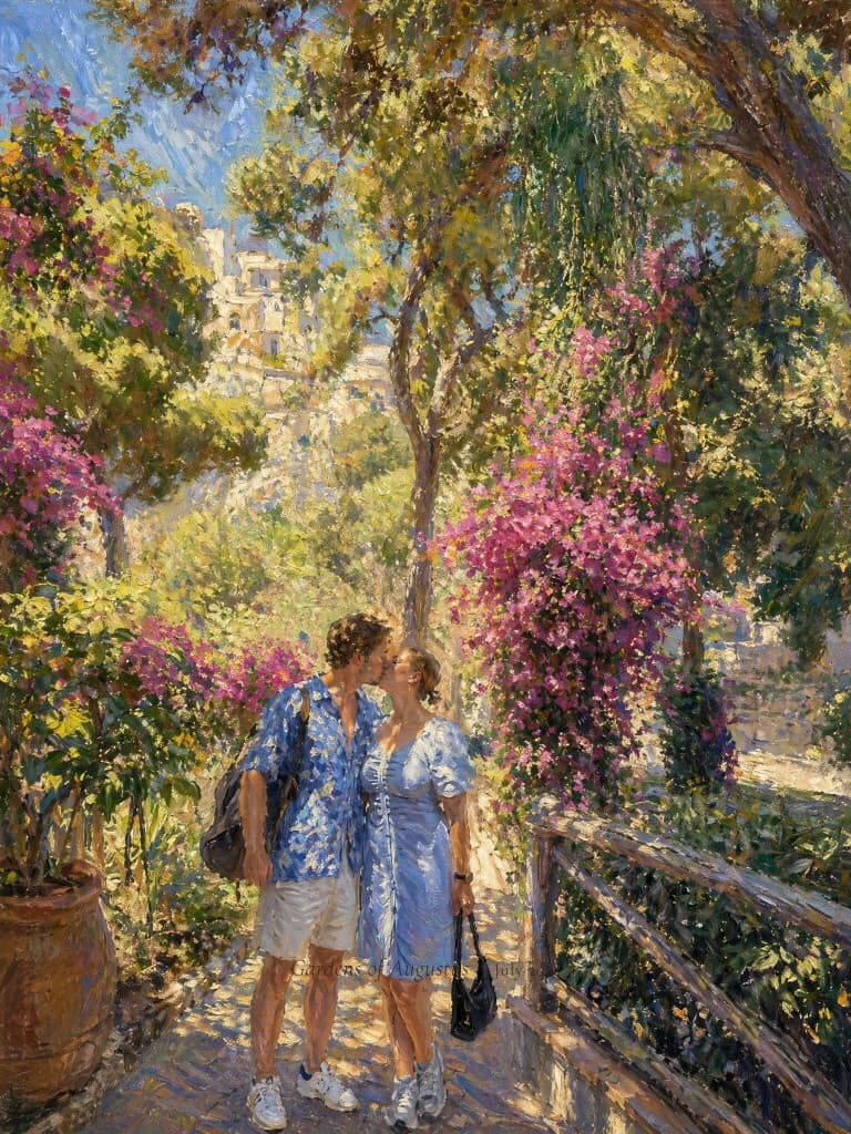 A kiss among the bougainvillea β impressionist painting of Gardens of Augustus